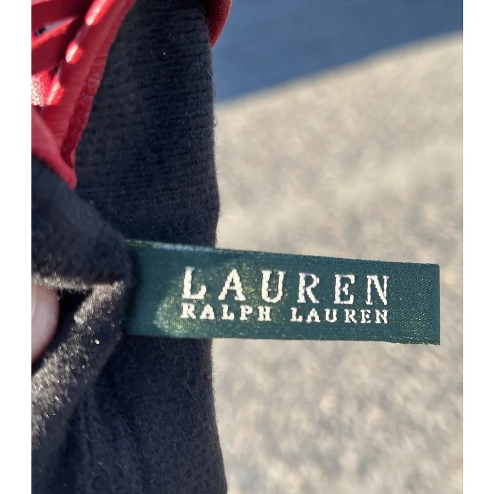 Ralph Lauren Black Leather Gloves Red Trim Button Detail Women One Size